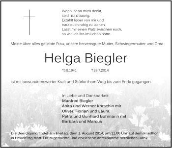 Traueranzeige von Helga Biegler von Pegnitz-Zeitung